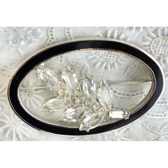 STERLING SILVER ONYX CRYSTAL OVAL PINW/ LEAF